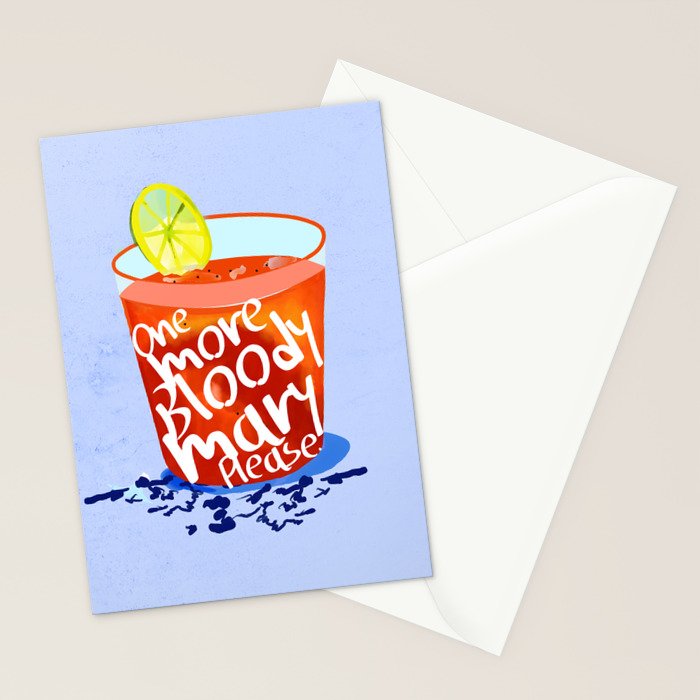 One More Bloody Mary Please, Cocktails Typography Happy Hour Alcohol, Weekend Drinks Beverages Summer Eclectic Lemon Painting Stationery Card Gallery Image 2