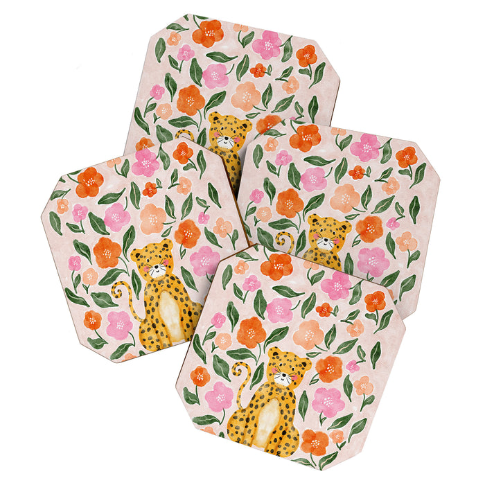 Adorable Floral Cheetah: Charming Watercolor Illustration Coaster Gallery Image 1
