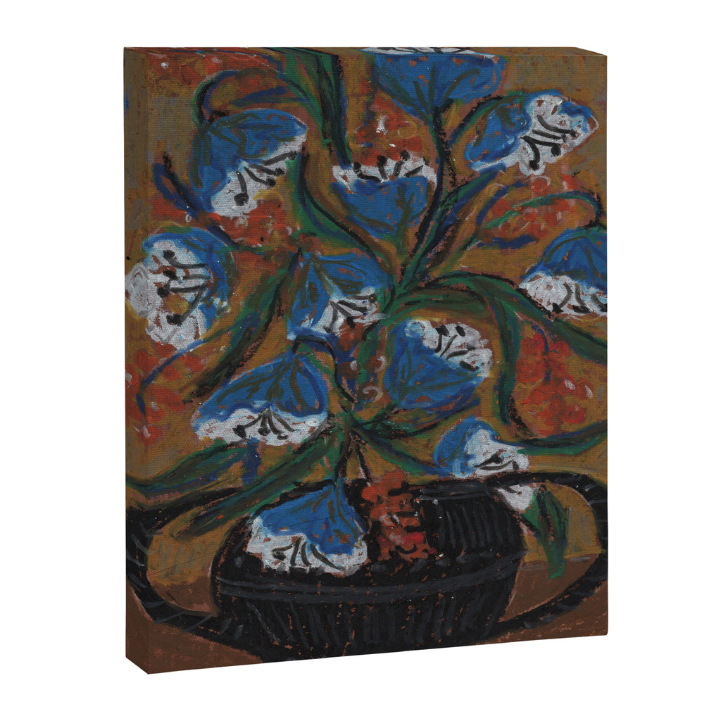 Blue Bell Flowers in Black Basket Whimsical Floral Still Life Folk Art Botanical Painting Canvas Print Gallery Image 6