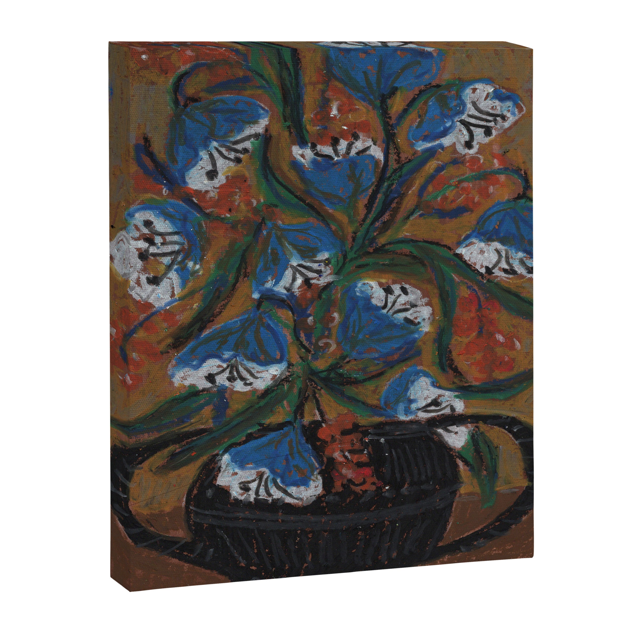 Blue Bell Flowers in Black Basket Whimsical Floral Still Life Folk Art Botanical Painting Canvas Print Gallery Image 6