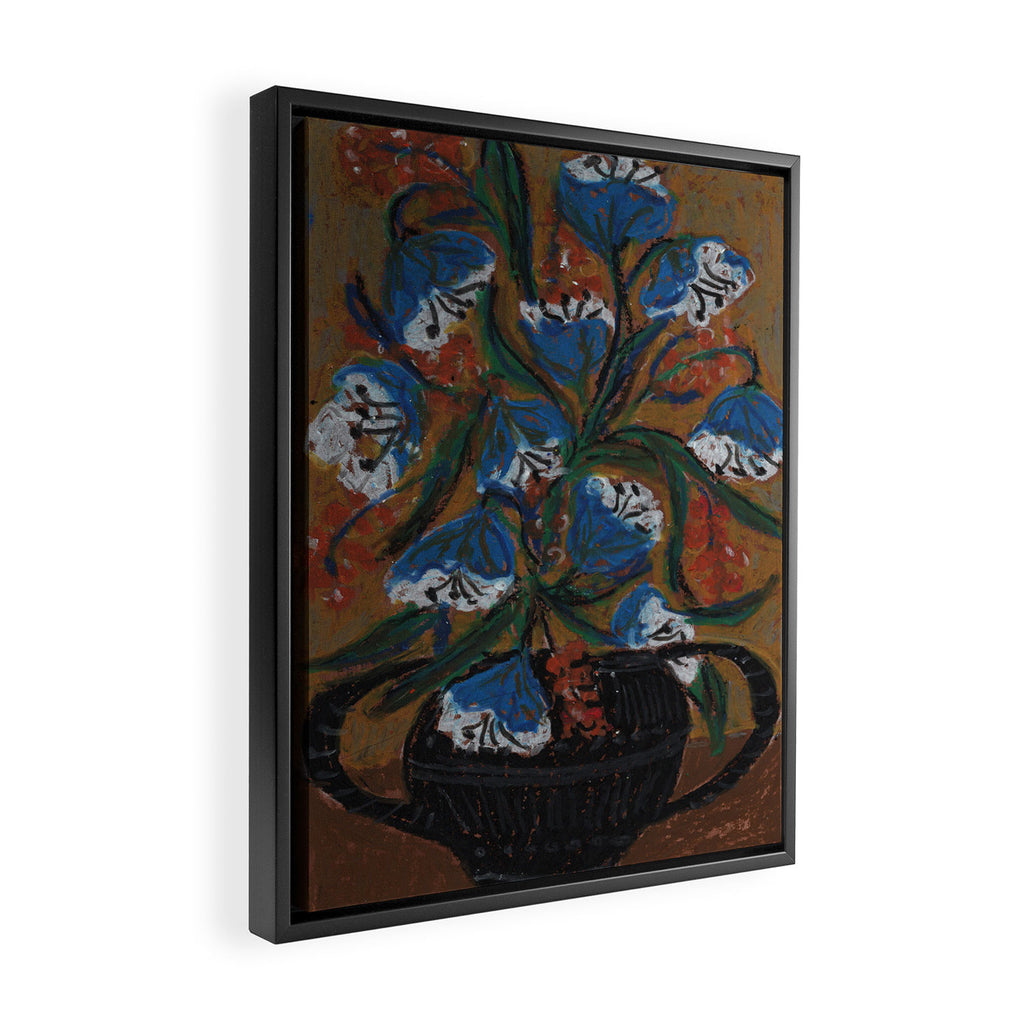 Blue Bell Flowers in Black Basket Whimsical Floral Still Life Folk Art Botanical Painting Framed Canvas Print Gallery Image 2