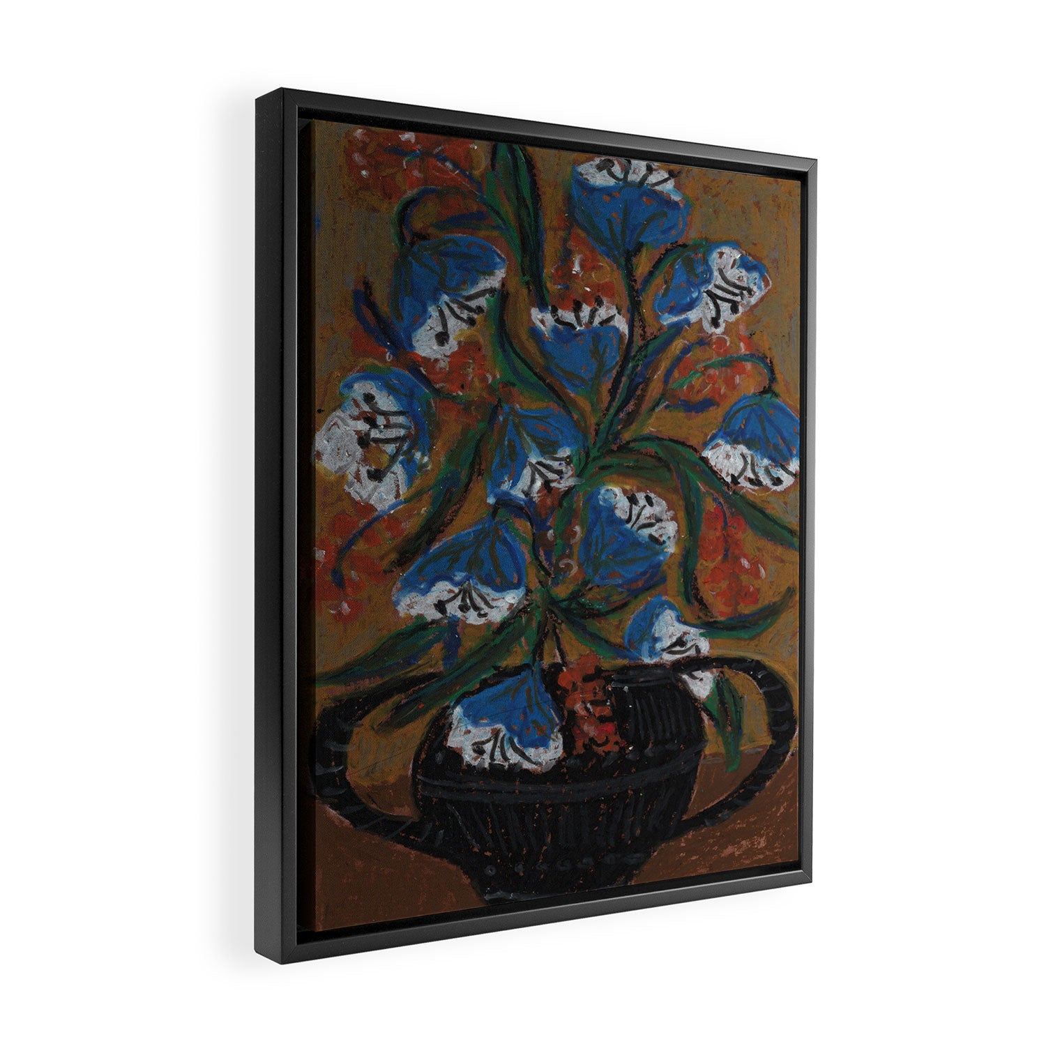 Blue Bell Flowers in Black Basket Whimsical Floral Still Life Folk Art Botanical Painting Framed Canvas Print Gallery Image 2