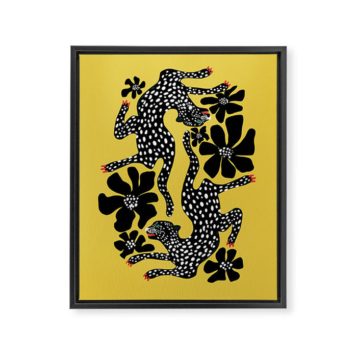 Bold Leopard Art Print on Pink with Floral Accents - Modern Animal Wall Art Framed Canvas Print Gallery Image 1