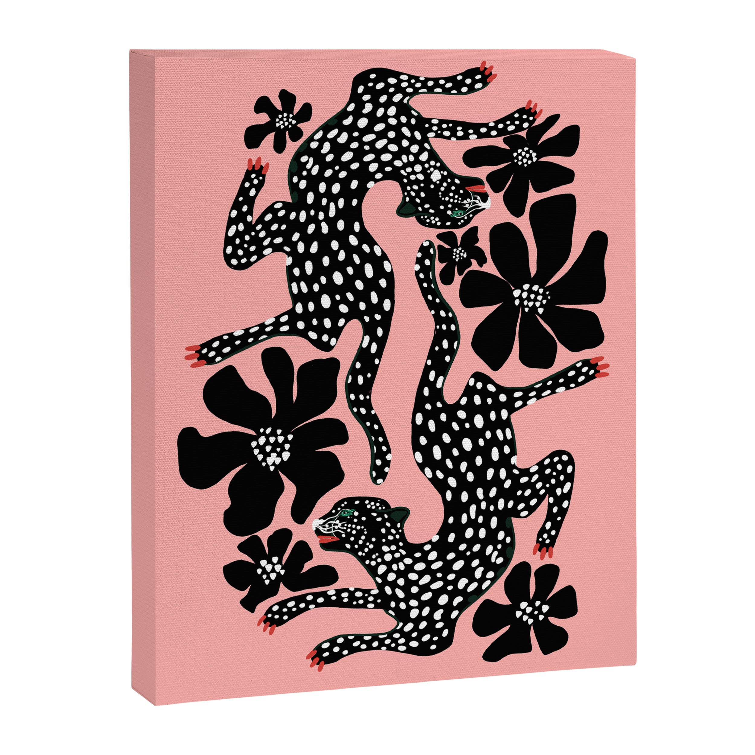 Bold Leopard Art Print on Pink with Floral Accents - Modern Animal Wall Art Canvas Print Gallery Image 8