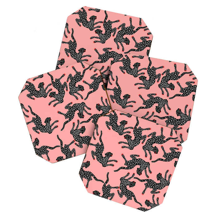 Bold Leopard Art Print on Pink with Floral Accents - Modern Animal Wall Art Coaster Gallery Image 1