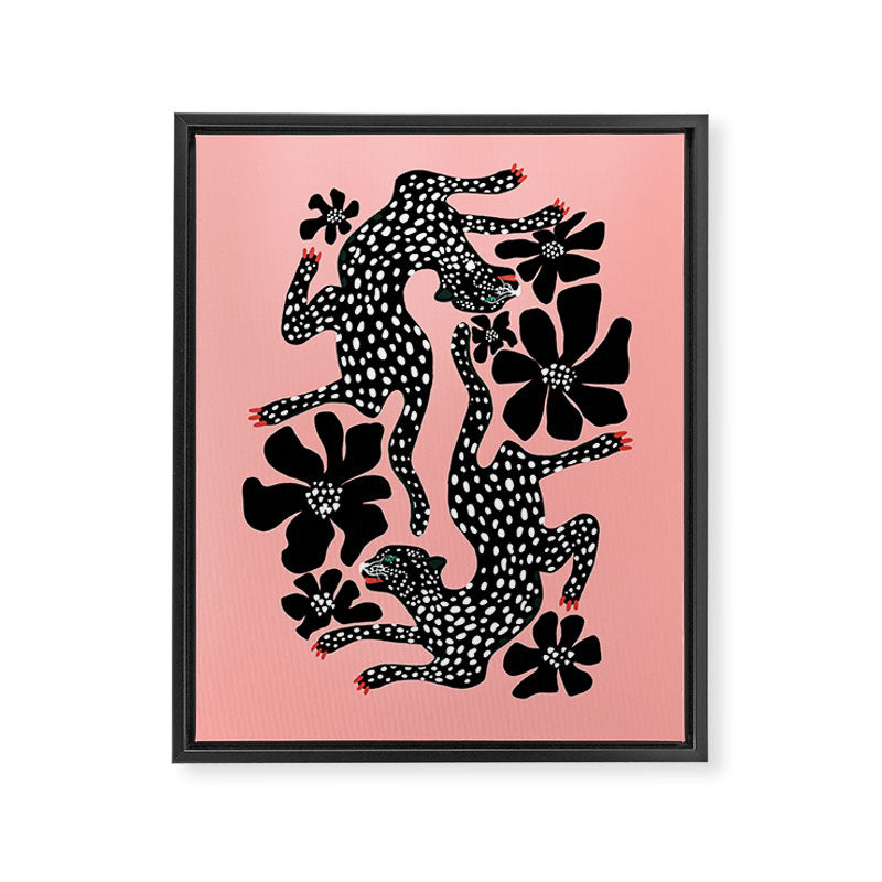 Bold Leopard Art Print on Pink with Floral Accents - Modern Animal Wall Art Framed Canvas Print Gallery Image 8