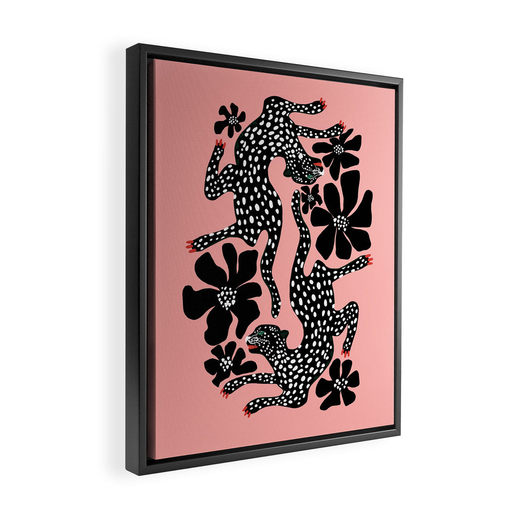 Bold Leopard Art Print on Pink with Floral Accents - Modern Animal Wall Art Framed Canvas Print Gallery Image 2