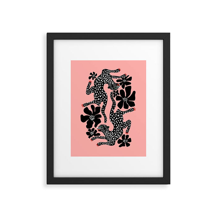 Bold Leopard Art Print on Pink with Floral Accents - Modern Animal Wall Art Framed Art Print Gallery Image 1