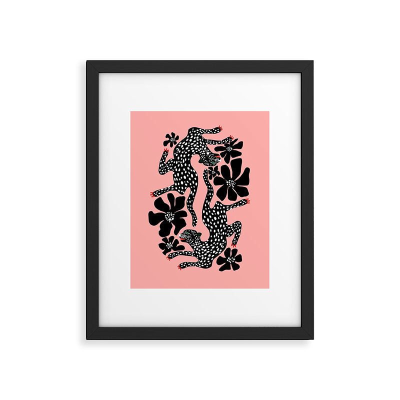 Bold Leopard Art Print on Pink with Floral Accents - Modern Animal Wall Art Framed Art Print Gallery Image 6