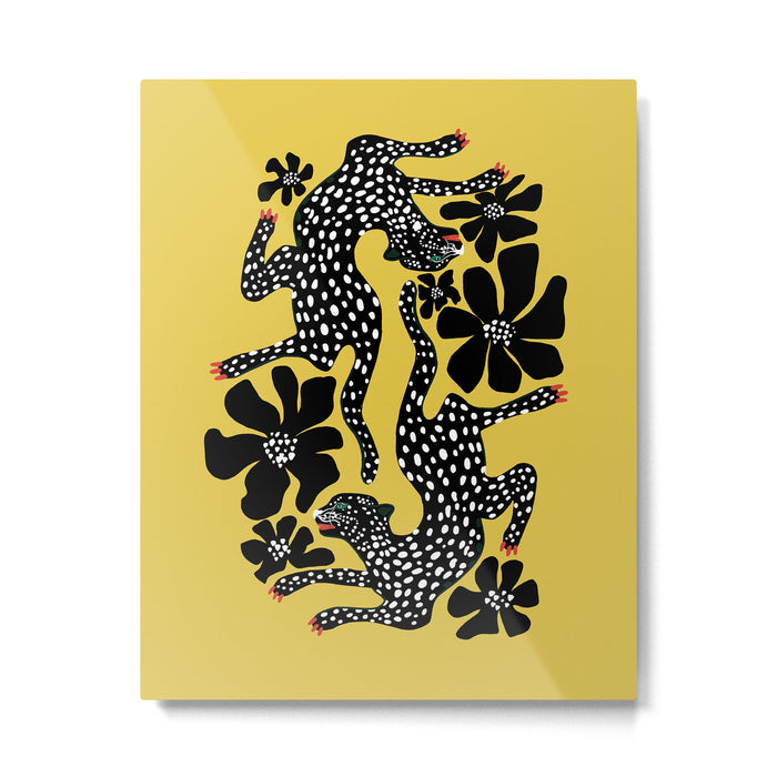 Bold Leopard Art Print on Pink with Floral Accents - Modern Animal Wall Art Metal Print Gallery Image 1