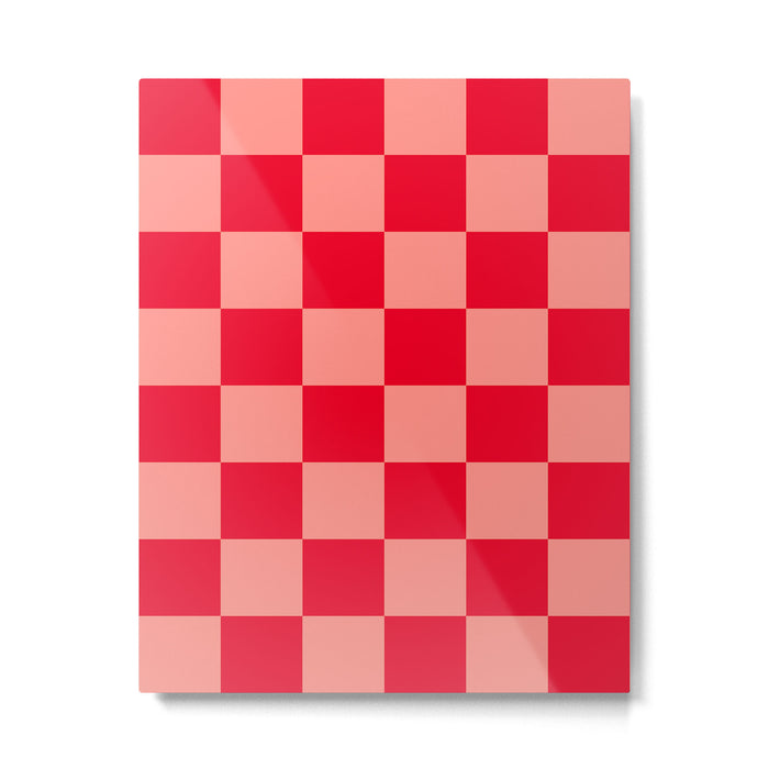 Bright red and peaches pink checkerboard Metal Print Gallery Image 1