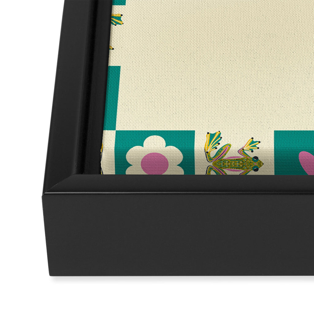 Charming Frogs & Florals: Whimsical Nature-Inspired Pattern Framed Canvas Print Gallery Image 3