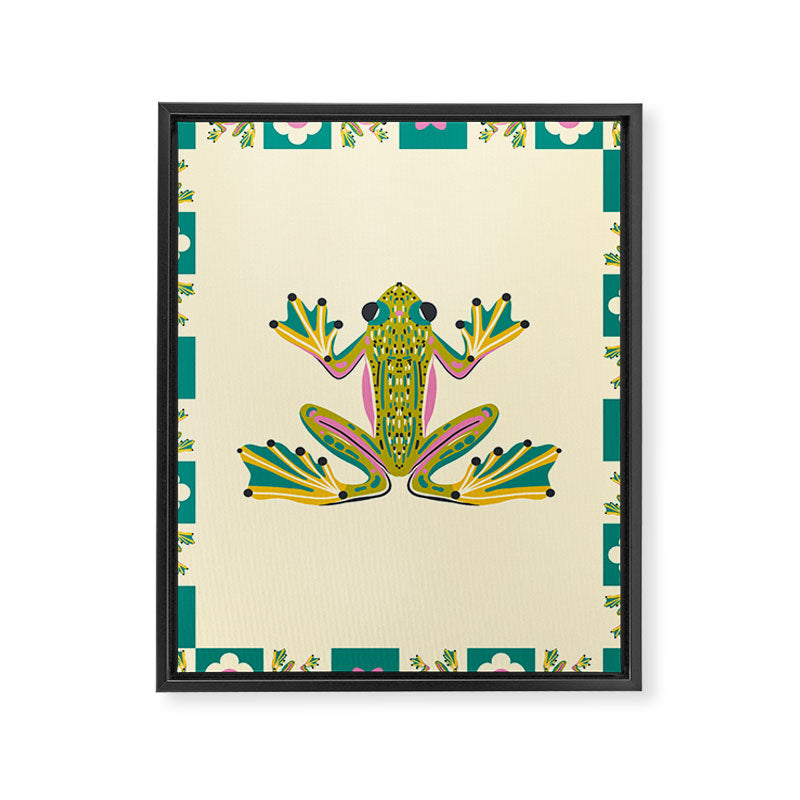 Charming Frogs & Florals: Whimsical Nature-Inspired Pattern Framed Canvas Print Gallery Image 8