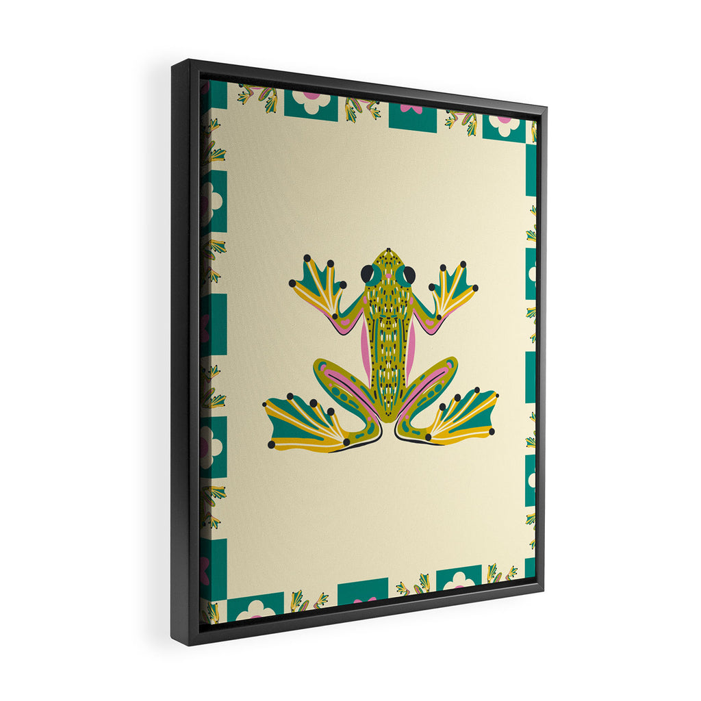 Charming Frogs & Florals: Whimsical Nature-Inspired Pattern Framed Canvas Print Gallery Image 2