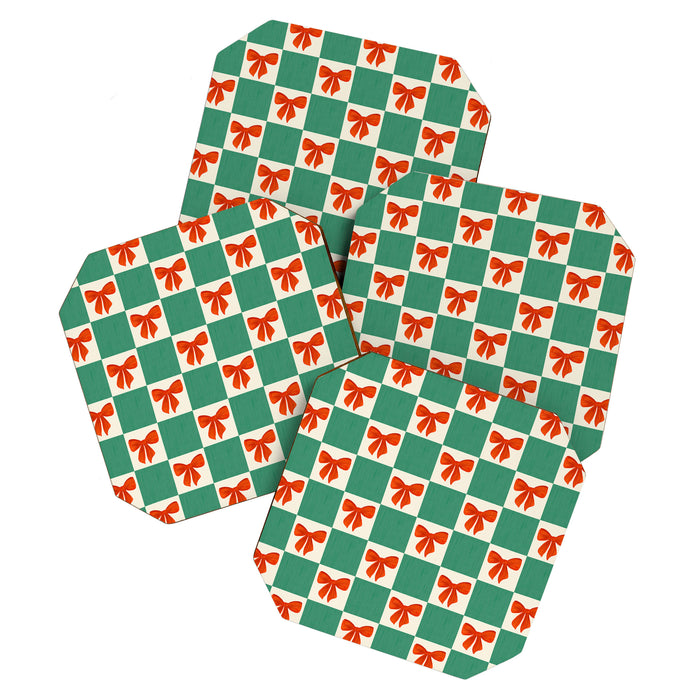 Charming Red Bow Checkerboard Pattern - Festive Holiday Background Coaster Gallery Image 1