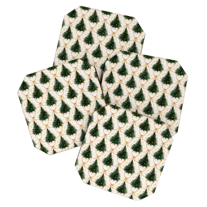 Christmas Tree in Golden Ribbon Seamless Holiday Pattern Coaster Gallery Image 1