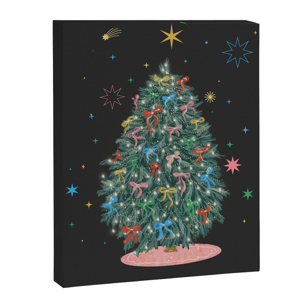 Colorful Christmas Tree with Bows and Stars on Black Background Canvas Print Gallery Image 8