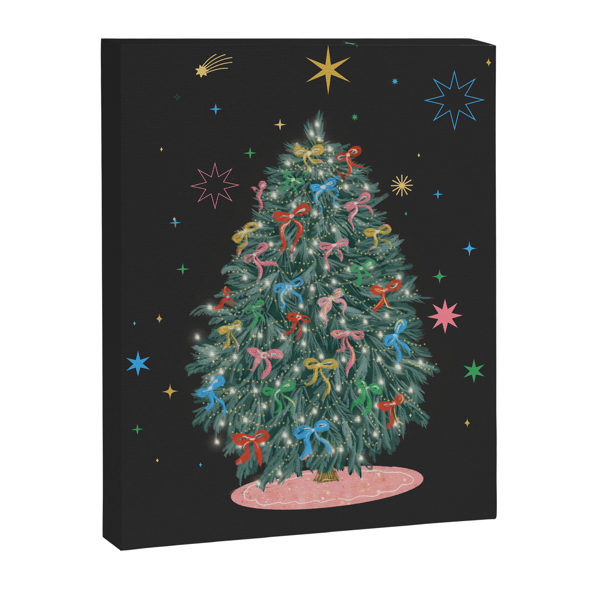 Colorful Christmas Tree with Bows and Stars on Black Background Canvas Print Gallery Image 8