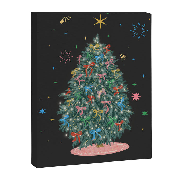 Colorful Christmas Tree with Bows and Stars on Black Background Canvas Print Gallery Image 1