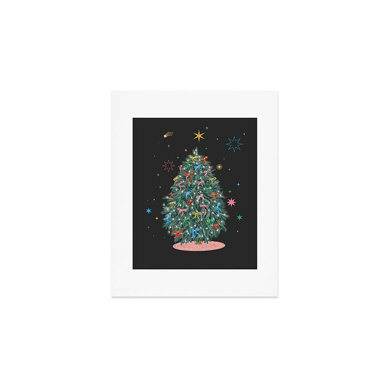 Colorful Christmas Tree with Bows and Stars on Black Background Art Print Gallery Image 1