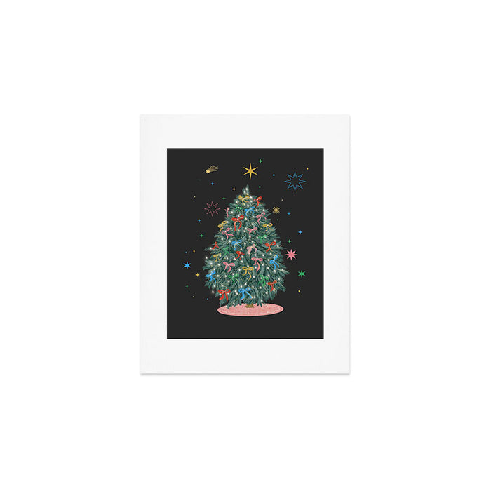 Colorful Christmas Tree with Bows and Stars on Black Background Art Print Gallery Image 1