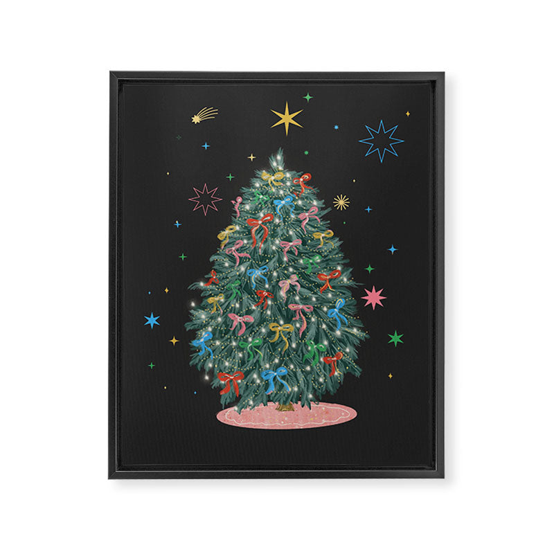Colorful Christmas Tree with Bows and Stars on Black Background Framed Canvas Print Gallery Image 8