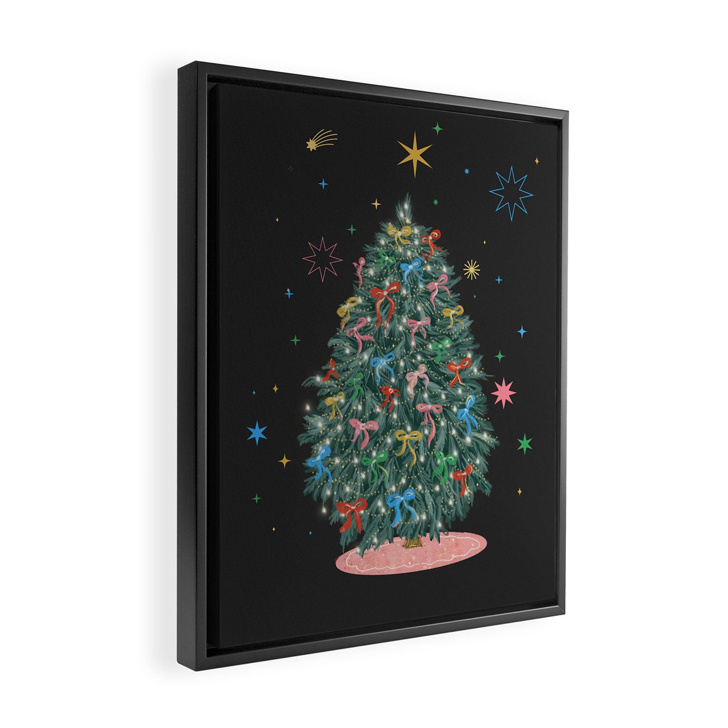 Colorful Christmas Tree with Bows and Stars on Black Background Framed Canvas Print Gallery Image 2