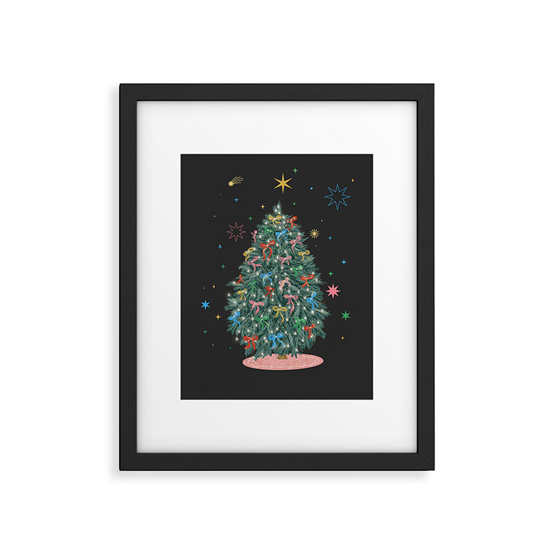 Colorful Christmas Tree with Bows and Stars on Black Background Framed Art Print Gallery Image 6