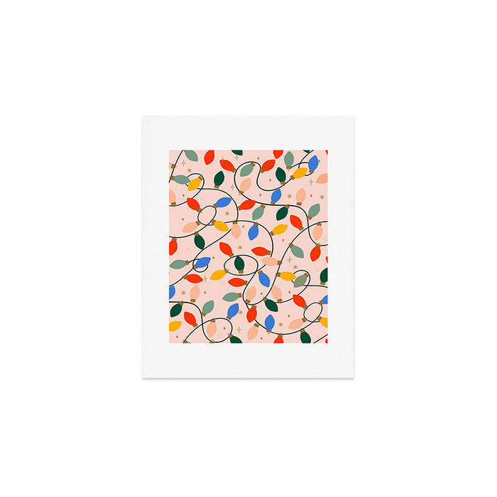 Colorful Holiday String Lights Pattern on Peach Background Art Print Gallery Image 1