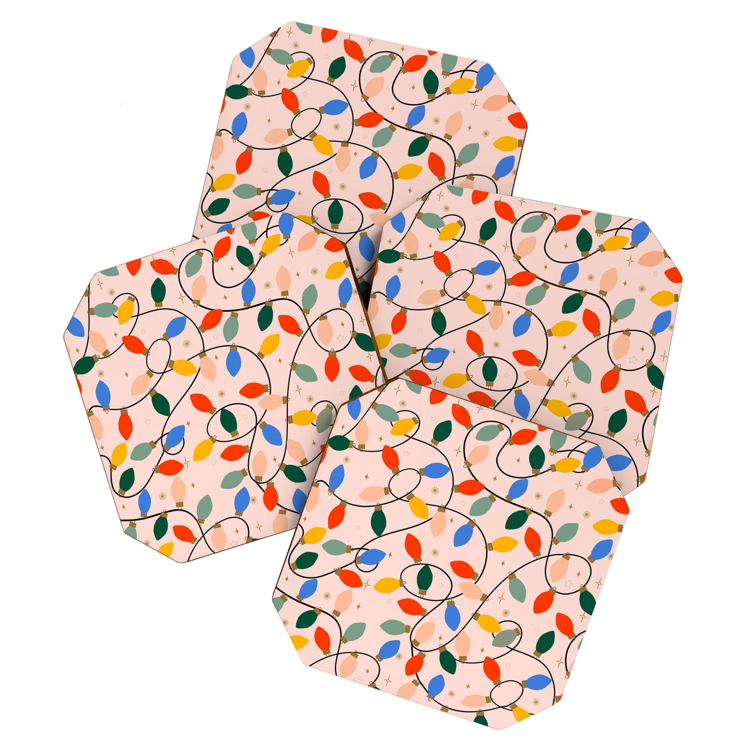 Colorful Holiday String Lights Pattern on Peach Background Coaster Gallery Image 1