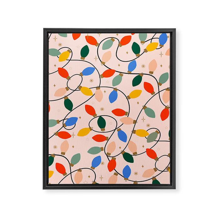 Colorful Holiday String Lights Pattern on Peach Background Framed Canvas Print Gallery Image 1