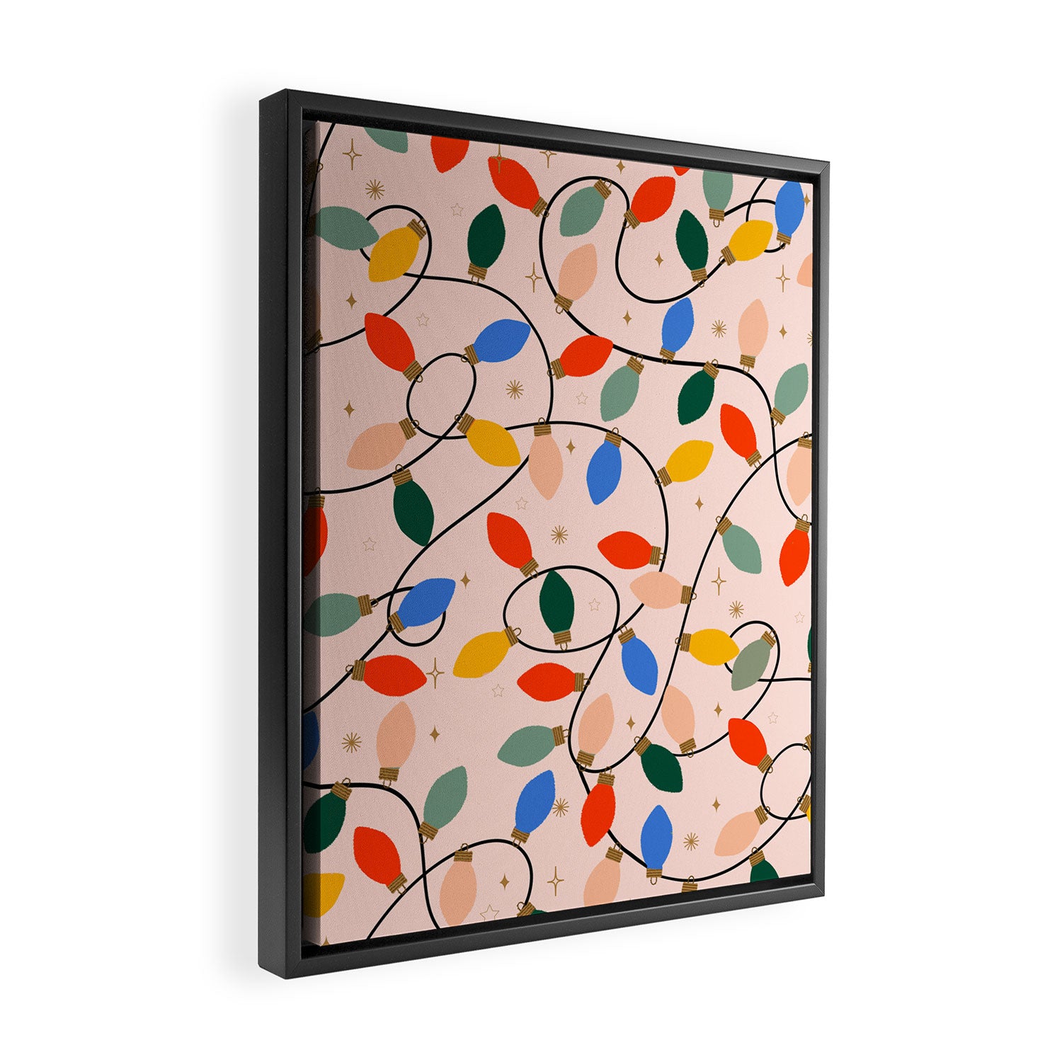 Colorful Holiday String Lights Pattern on Peach Background Framed Canvas Print Gallery Image 2