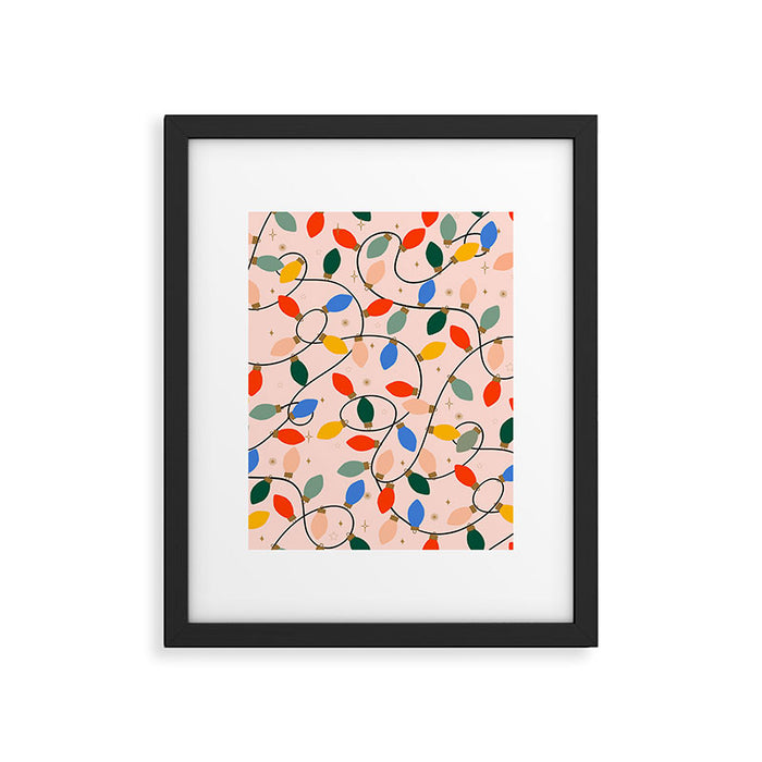Colorful Holiday String Lights Pattern on Peach Background Framed Art Print Gallery Image 1