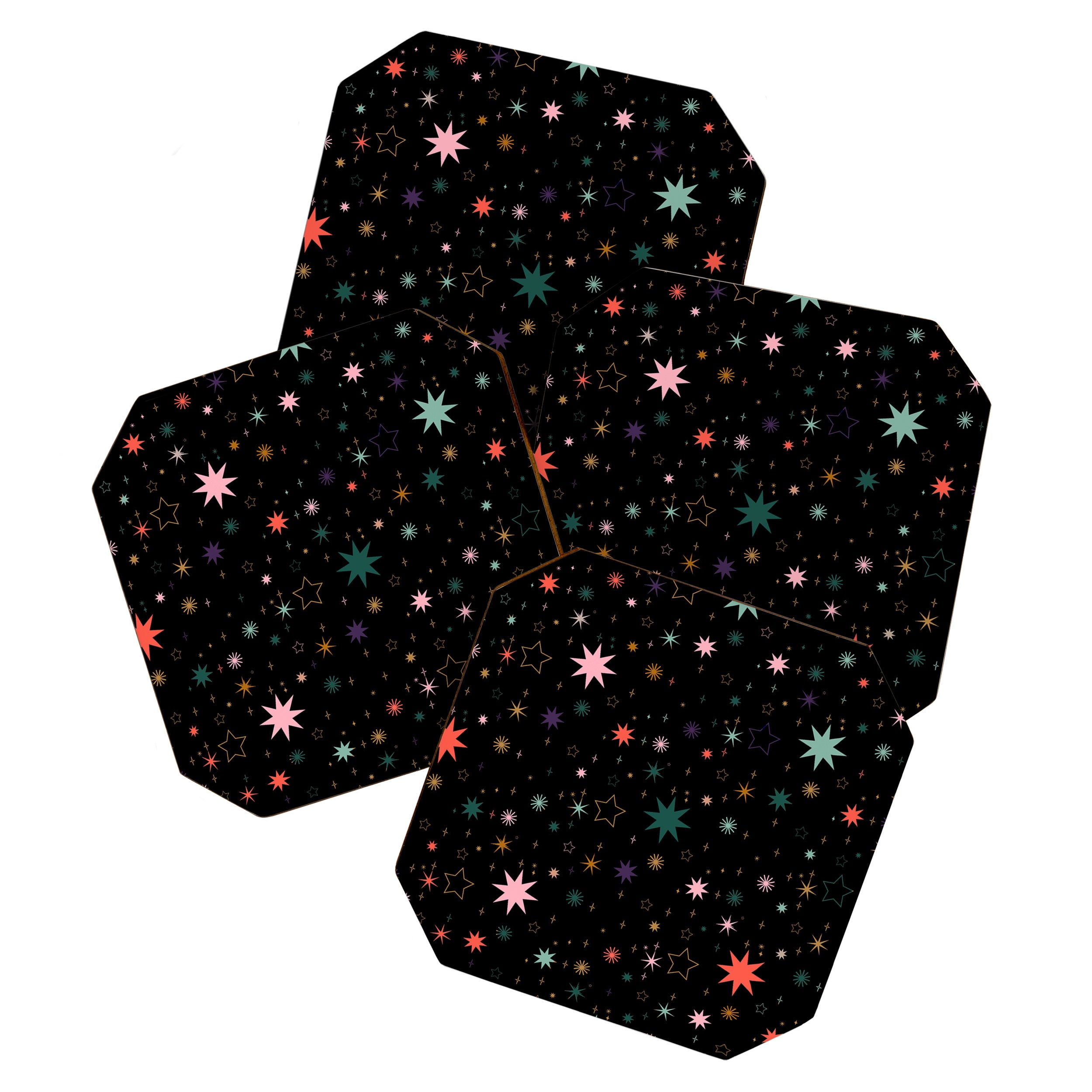 Colorful Starry Night Holiday Pattern on Black Background Coaster Gallery Image 1