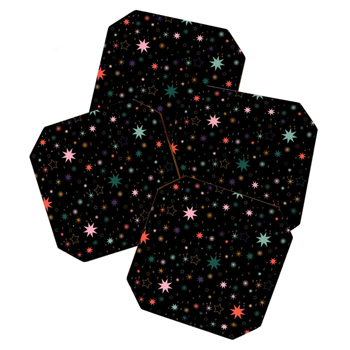 Colorful Starry Night Holiday Pattern on Black Background Coaster Gallery Image 1