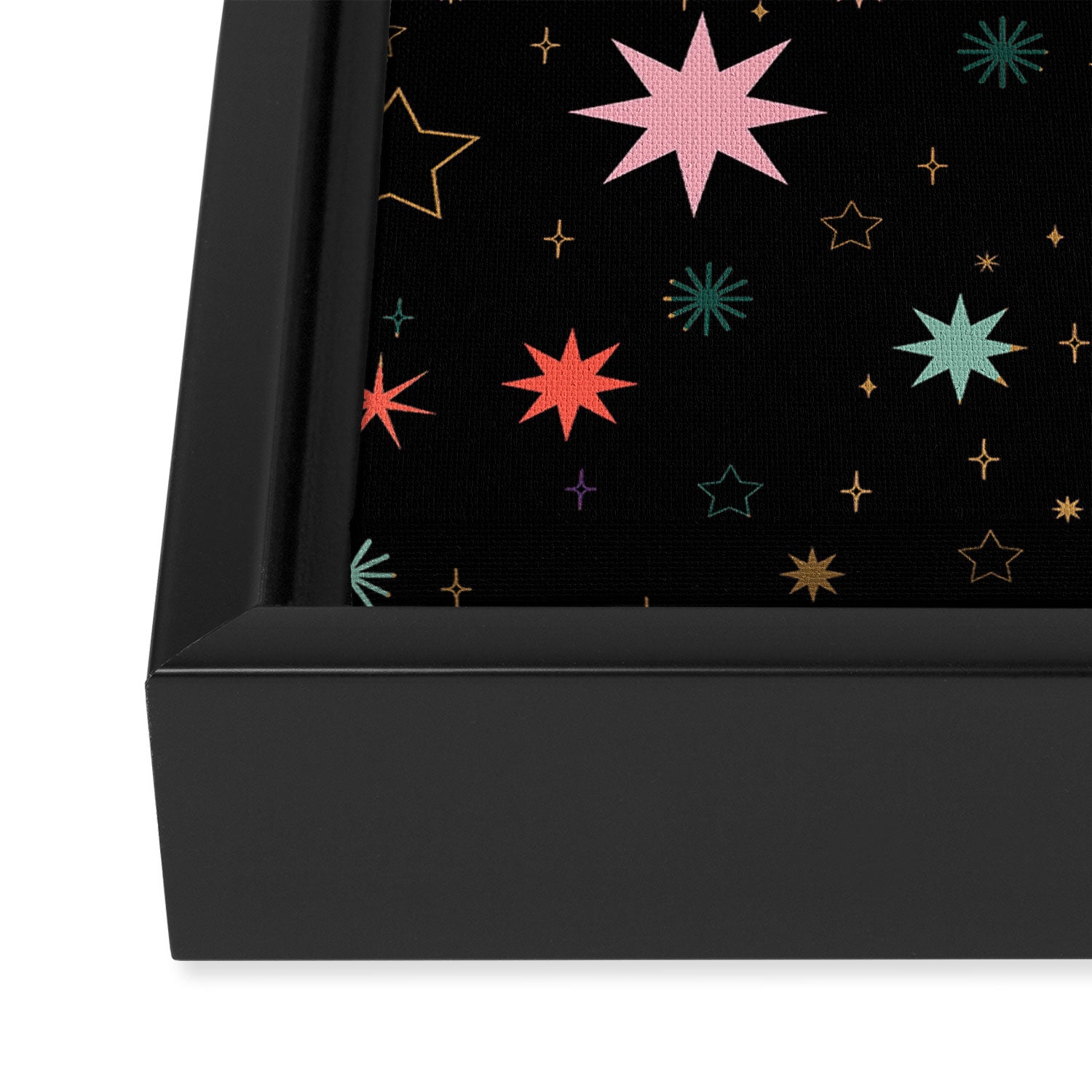 Colorful Starry Night Holiday Pattern on Black Background Framed Canvas Print Gallery Image 3