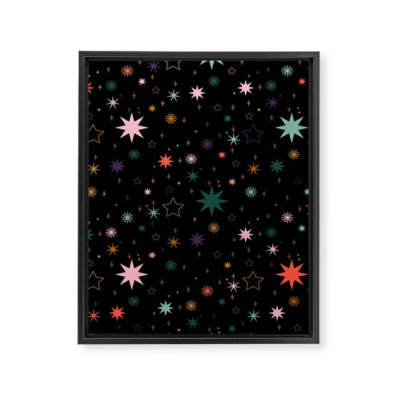 Colorful Starry Night Holiday Pattern on Black Background Framed Canvas Print Gallery Image 8