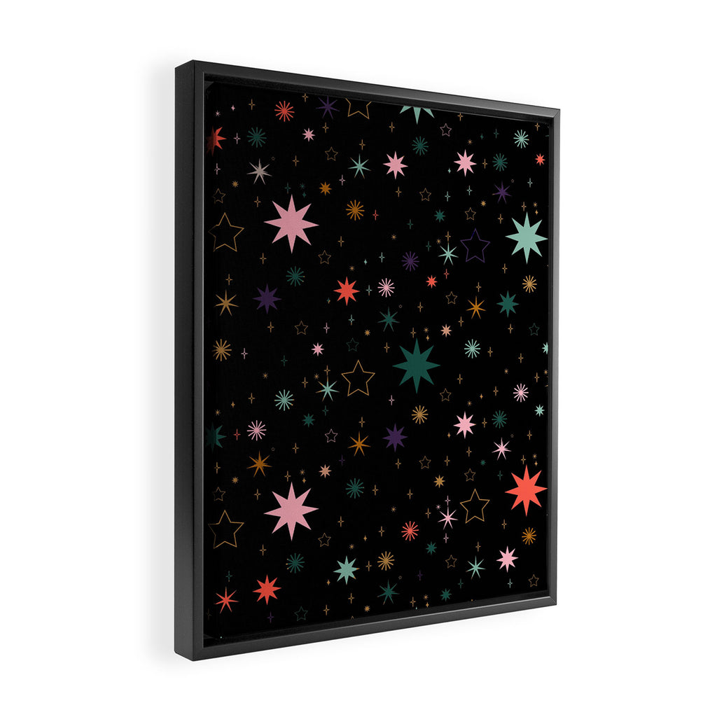 Colorful Starry Night Holiday Pattern on Black Background Framed Canvas Print Gallery Image 2