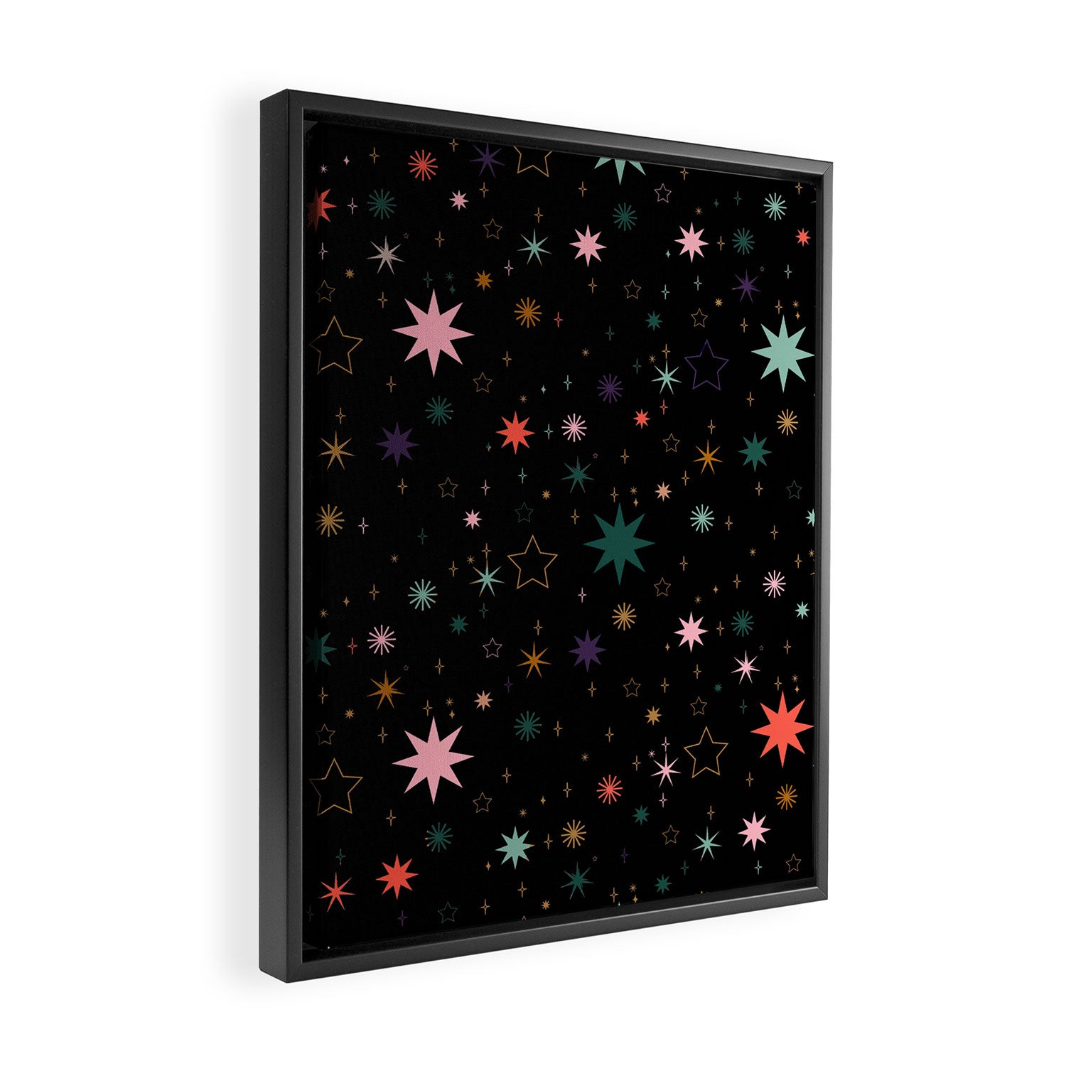 Colorful Starry Night Holiday Pattern on Black Background Framed Canvas Print Gallery Image 2