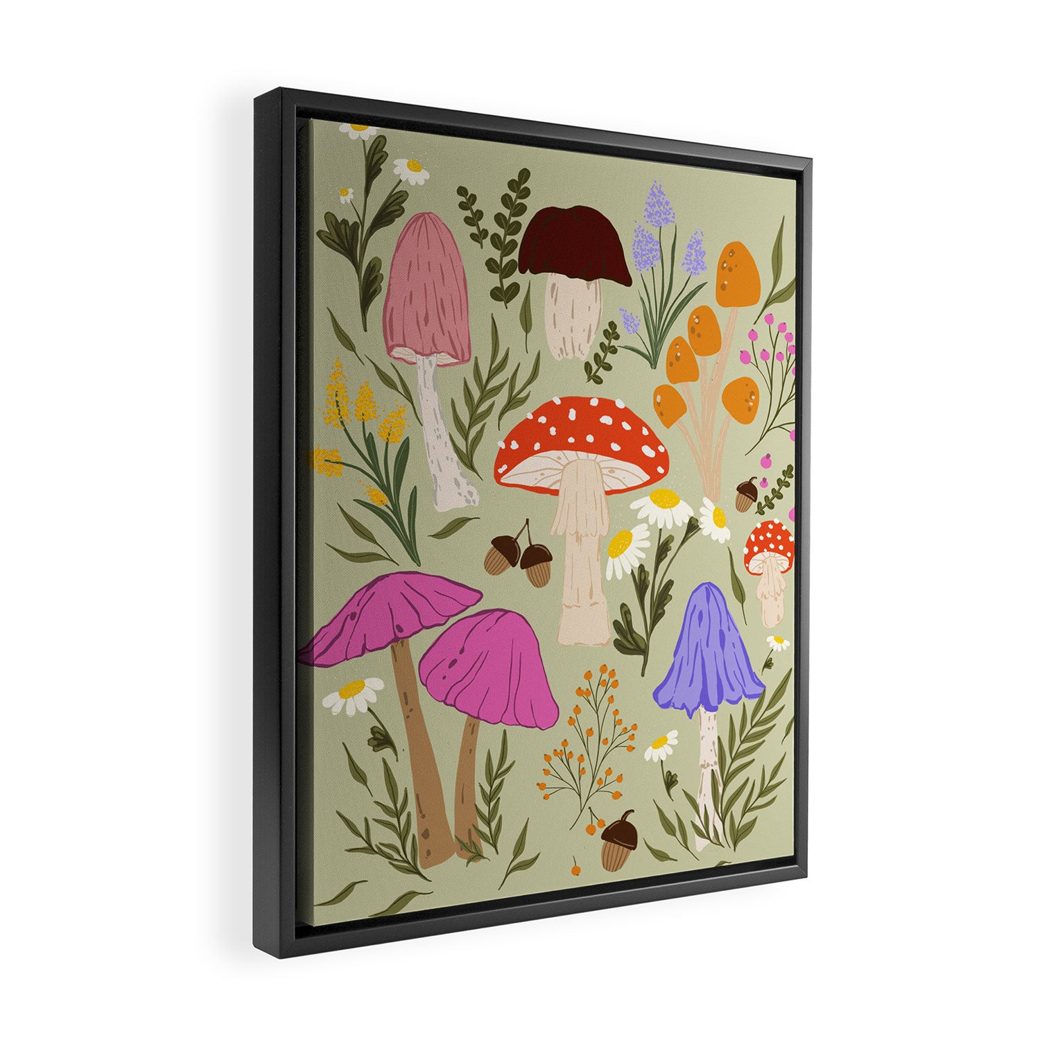 Colourful mushrooms, flowers and berries illustration  Framed Canvas Print Gallery Image 2
