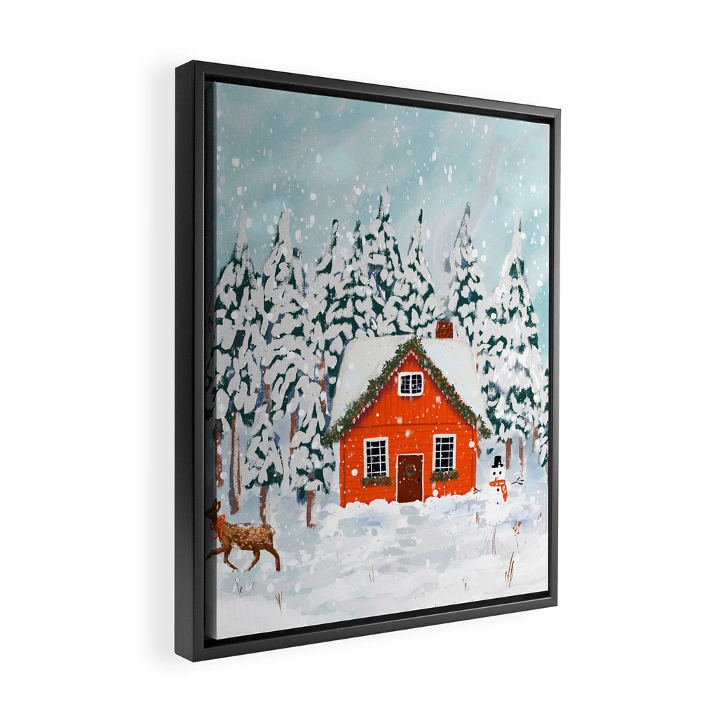 Cozy Winter Cabin in the Snowy Woods  Framed Canvas Print Gallery Image 2