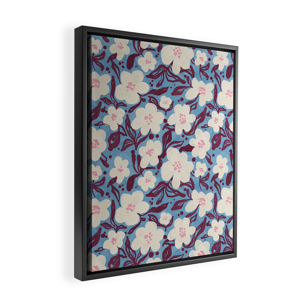 Cream Burgundy Blue Floral  Framed Canvas Print Gallery Image 2