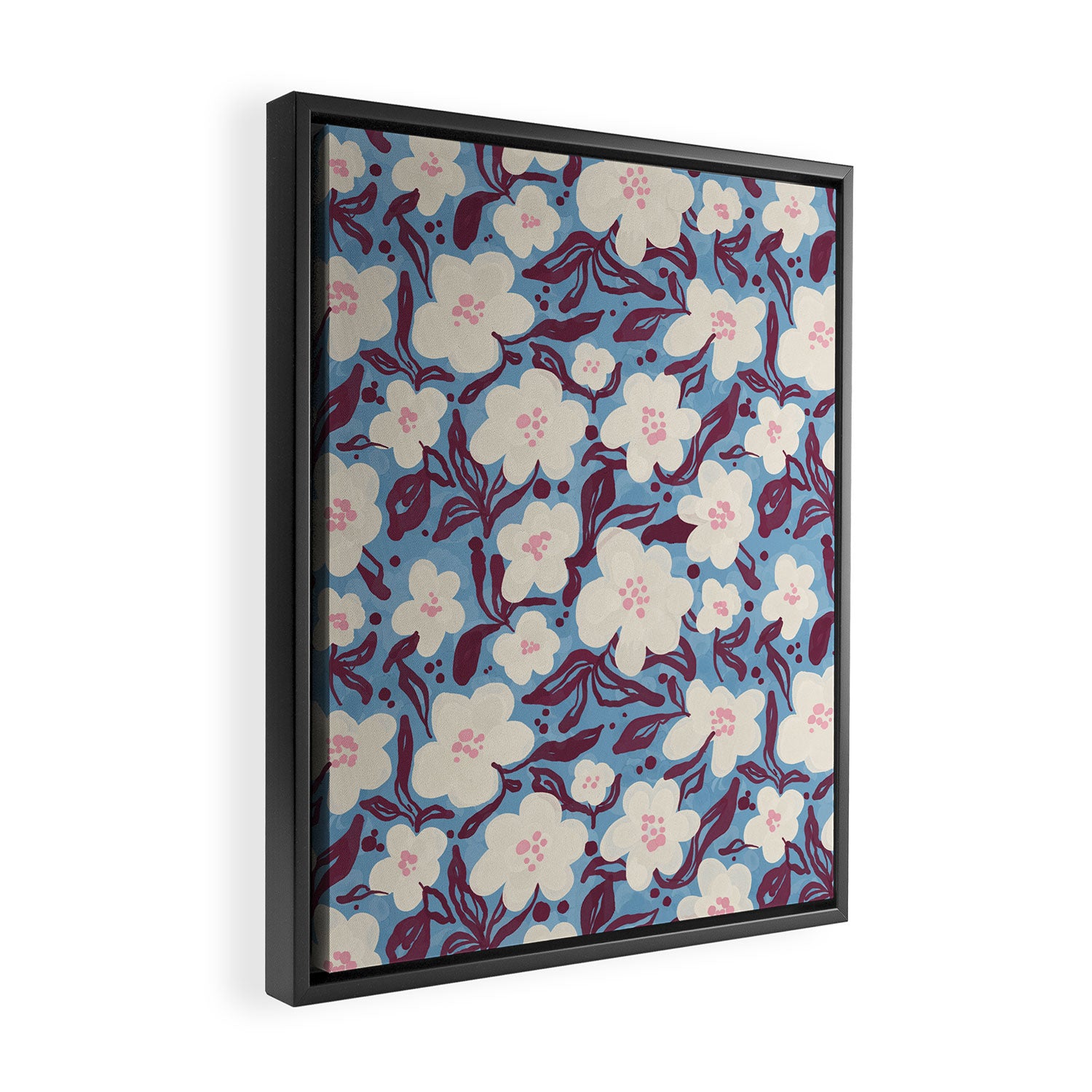 Cream Burgundy Blue Floral  Framed Canvas Print Gallery Image 2