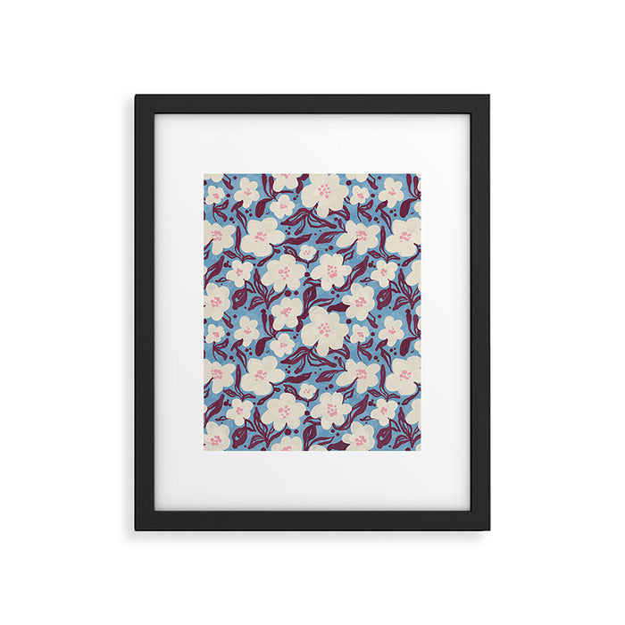 Cream Burgundy Blue Floral  Framed Art Print Gallery Image 1