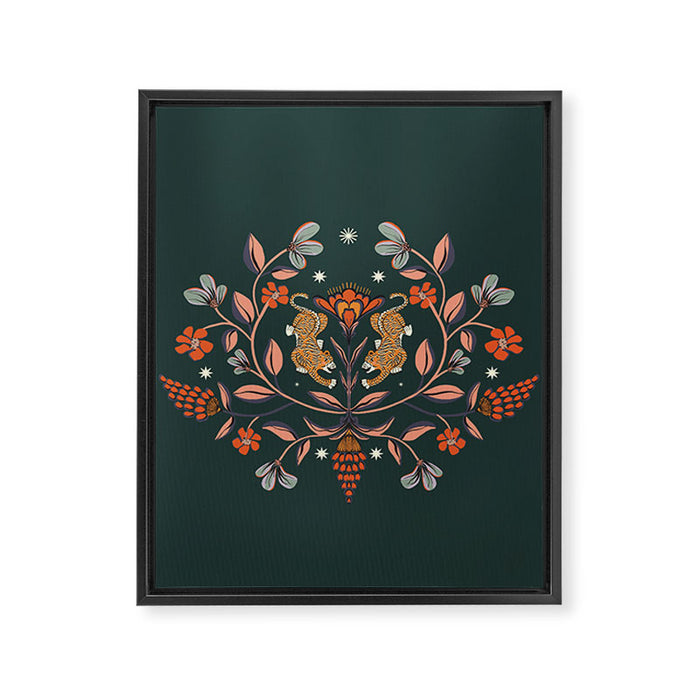 Dancing tigers in flowers field  Framed Canvas Print Gallery Image 1
