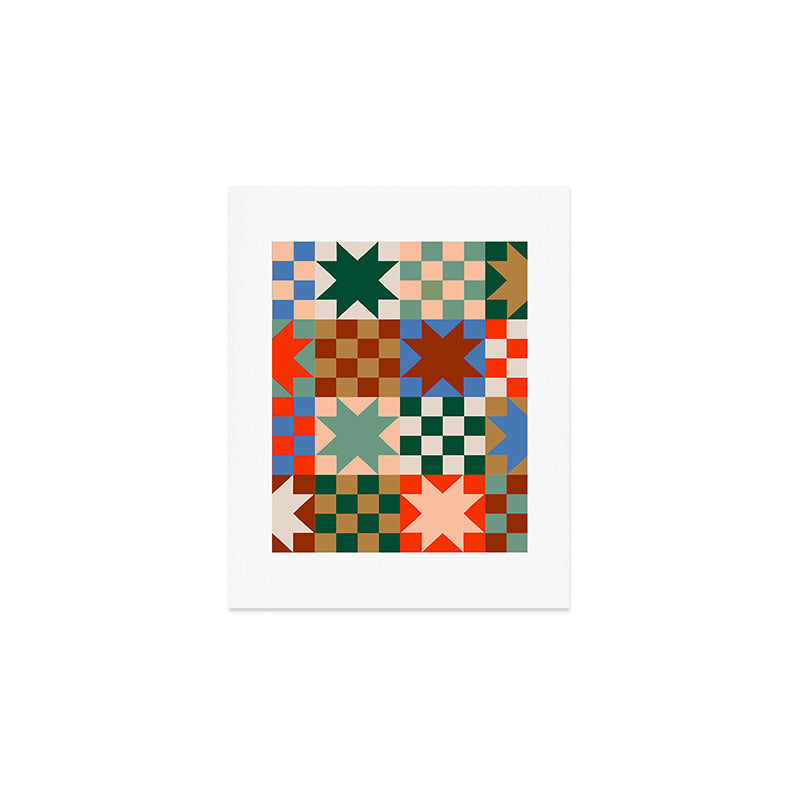 Earthy Patchwork Quilt Star Pattern Rustic Geometric Checkered Abstract in Warm Retro Colors Art Print Gallery Image 1