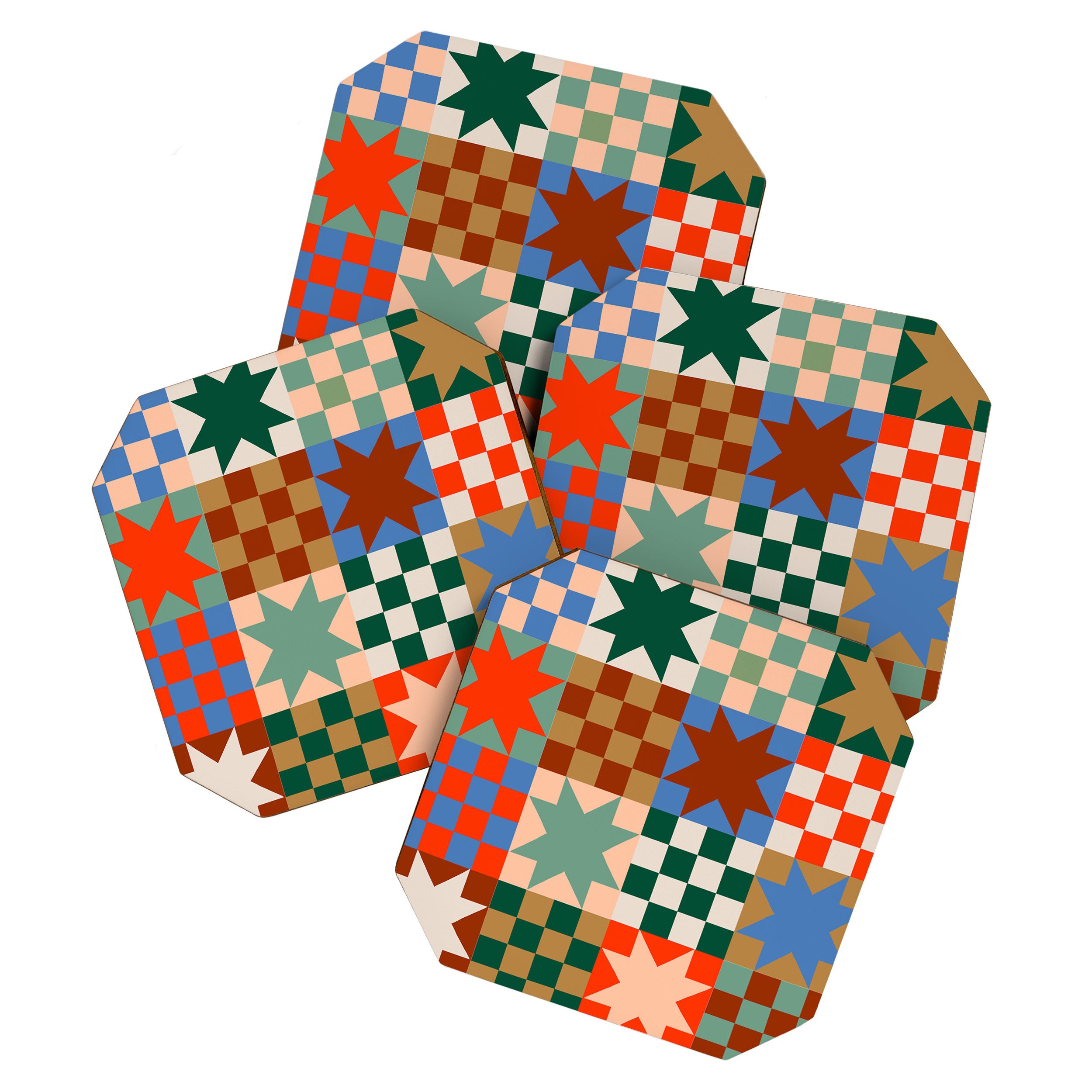 Earthy Patchwork Quilt Star Pattern Rustic Geometric Checkered Abstract in Warm Retro Colors Coaster Gallery Image 1