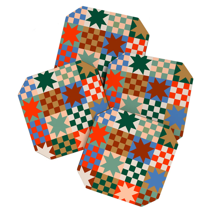 Earthy Patchwork Quilt Star Pattern Rustic Geometric Checkered Abstract in Warm Retro Colors Coaster Gallery Image 1