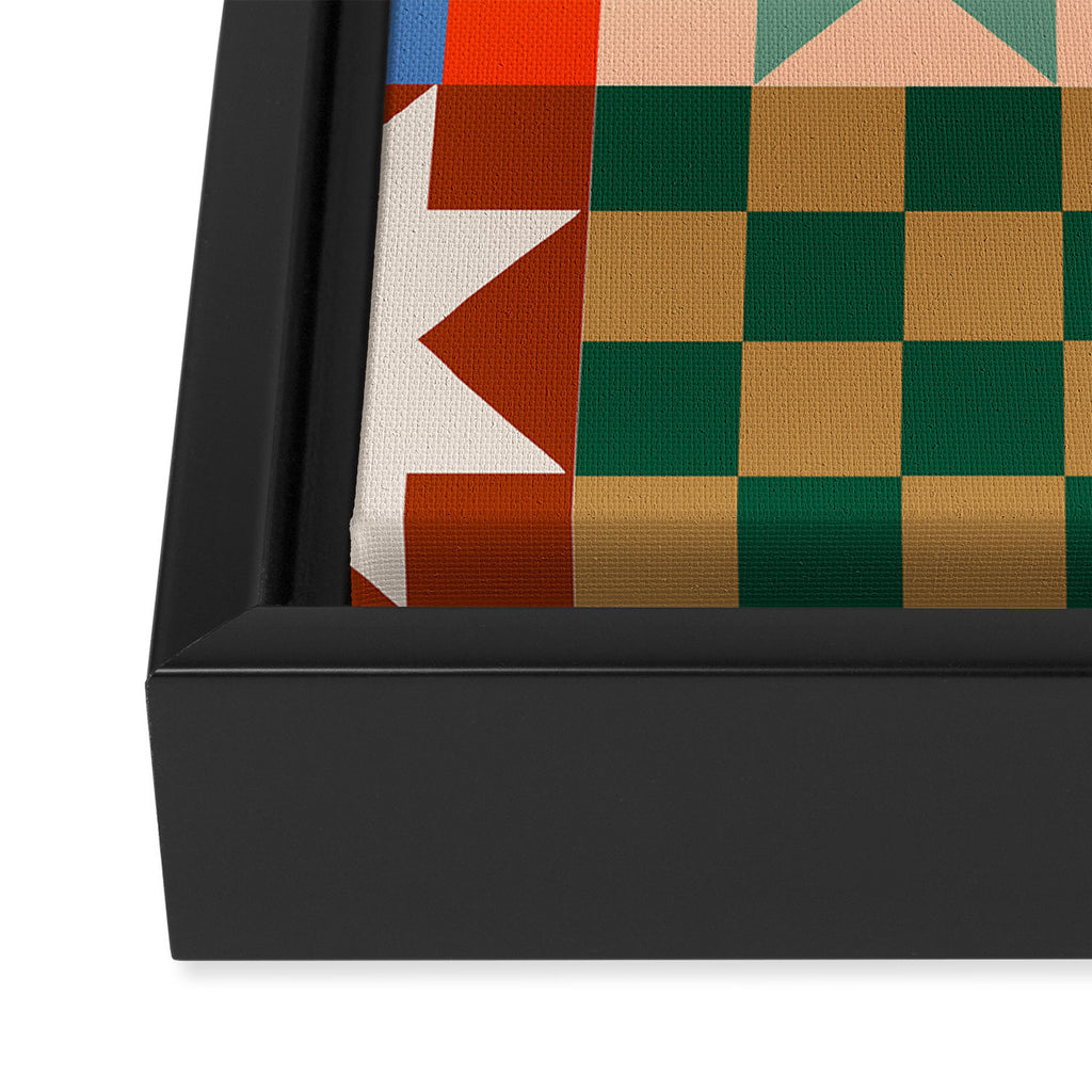 Earthy Patchwork Quilt Star Pattern Rustic Geometric Checkered Abstract in Warm Retro Colors Framed Canvas Print Gallery Image 3
