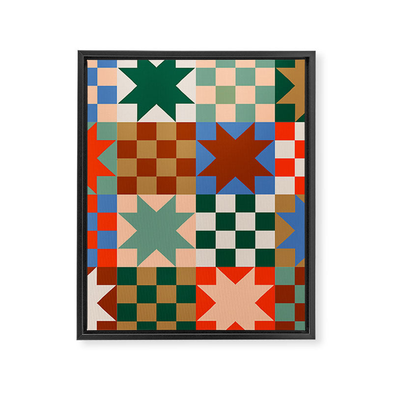 Earthy Patchwork Quilt Star Pattern Rustic Geometric Checkered Abstract in Warm Retro Colors Framed Canvas Print Gallery Image 8